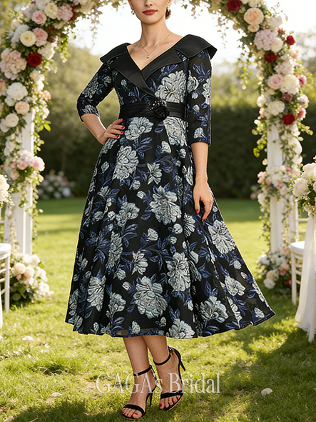 Black Tie Event A-line Sophisticated Luxury Collared V-Neck Tea-Length Satin Floral Mother of the Bride Dress With Sequins 3D Floral Beading Pleated