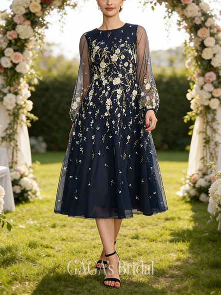 A-line Exquisite Scoop Tea-Length Tulle Floral Lace Mother of the Bride Dress