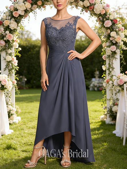 A-line Exquisite Scoop Illusion Asymmetrical Chiffon Lace Mother of the Bride Dress With Pleated Beading