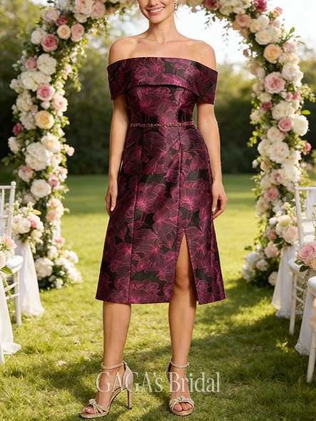 Plus Size A-line Graceful Luxury Off the Shoulder Knee-Length Jacquard Floral Mother of the Bride Dress With Beading Sequins