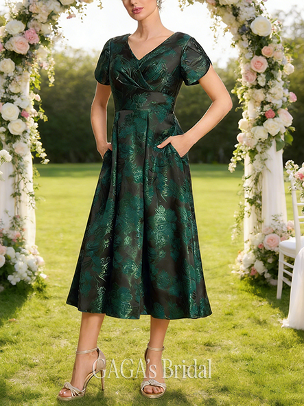 Plus Size A-line Chic Luxury V-Neck Tea-Length Jacquard Floral Mother of the Bride Dress With Pleated