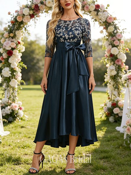 Fall A-line Sophisticated Scoop Illusion Asymmetrical Stretch Satin Lace Mother of the Bride Dress With Bow