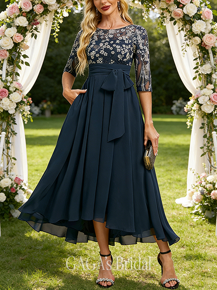 New Arrival A-line Sophisticated Luxury Scoop Illusion Asymmetrical Lace Chiffon Mother of the Bride Dress With Bow