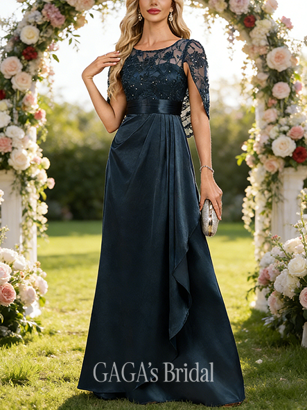 Plus Size A-line Regal Luxury Scoop Illusion Floor-Length Stretch Satin Lace Mother of the Bride Dress With Sequins Cape Cascading Ruffles