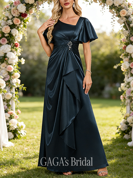 A-line Exquisite Asymmetrical Floor-Length Stretch Satin Mother of the Bride Dress With Pleated Sequins Beading