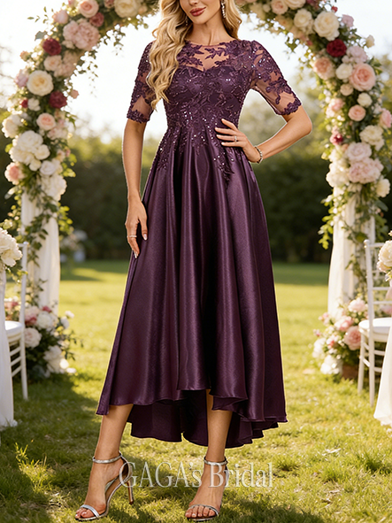 Fall A-line Sophisticated Scoop Illusion Asymmetrical Stretch Satin Lace Mother of the Bride Dress With Sequins
