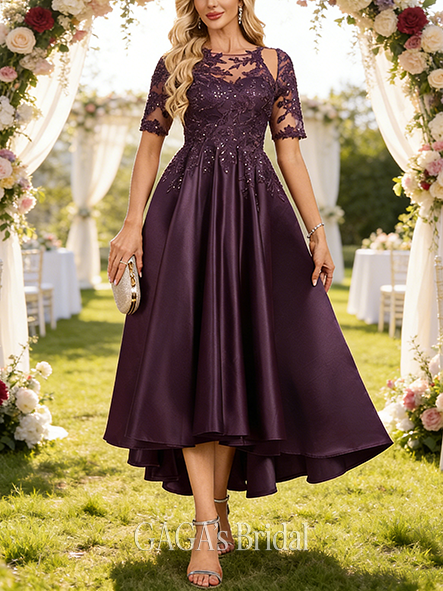 Black Tie Event A-line Sophisticated Luxury Scoop Illusion Asymmetrical Satin Lace Mother of the Bride Dress With Sequins