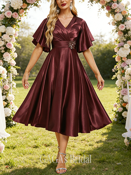 Fall A-line Sophisticated V-Neck Tea-Length Stretch Satin Mother of the Bride Dress With Beading Pleated