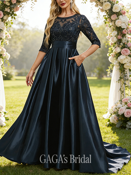 Black Tie Event A-line Sophisticated Luxury Illusion Scoop Floor-Length Lace Stretch Satin Mother of the Bride Dress With Sequins Bow