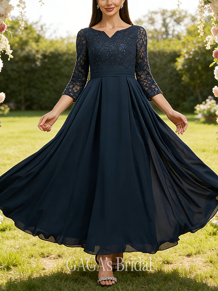 Black Tie Event A-line Sophisticated Luxury V-Neck Ankle-Length Chiffon Lace Mother of the Bride Dress With Rhinestone