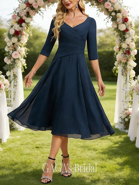 Fall A-line Sophisticated V-Neck Tea-Length Chiffon Mother of the Bride Dress With Pleated