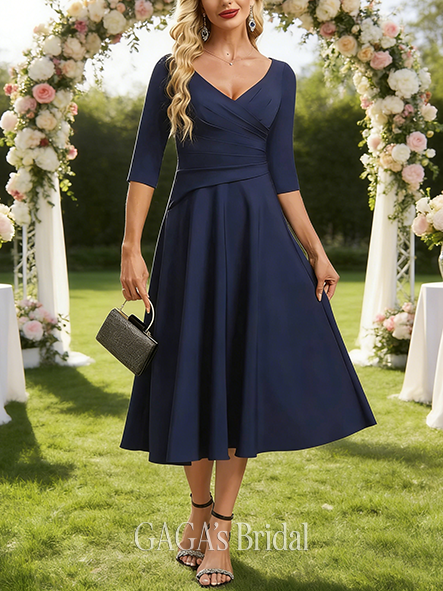 A-line Exquisite V-Neck Tea-Length Stretch Crepe Mother of the Bride Dress With Pleated