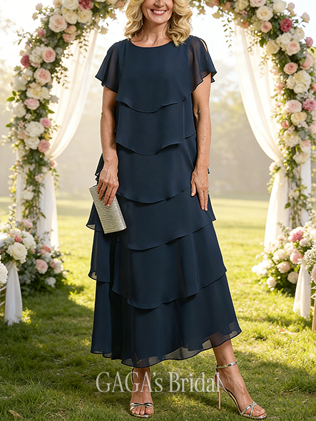 Plus Size A-line Graceful Luxury Scoop Asymmetrical Chiffon Mother of the Bride Dress With Cape Ruffle