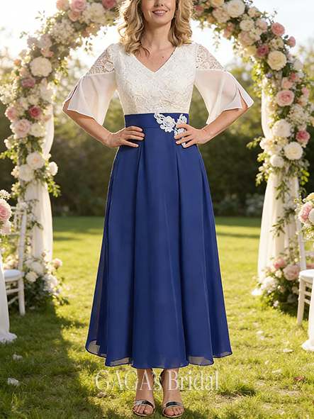 Fall A-line Sophisticated V-Neck Ankle-Length Lace Chiffon Mother of the Bride Dress With Pleated Sequins