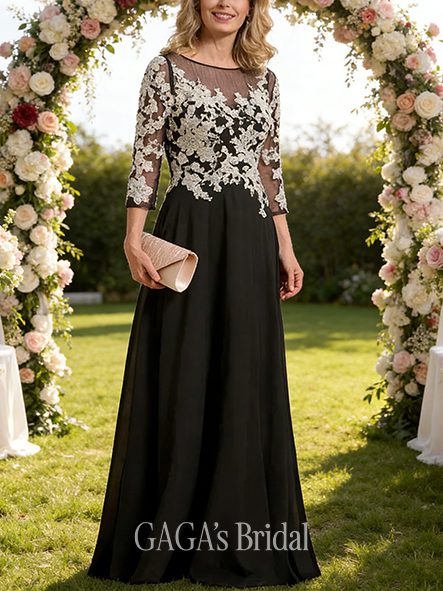 A-line Exquisite Scoop Illusion Floor-Length Lace Chiffon Mother of the Bride Dress