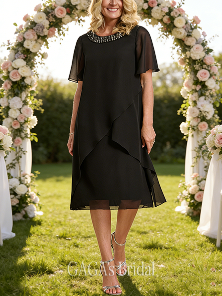 Fall A-line Sophisticated Scoop Knee-Length Chiffon Mother of the Bride Dress With Beading Sequins