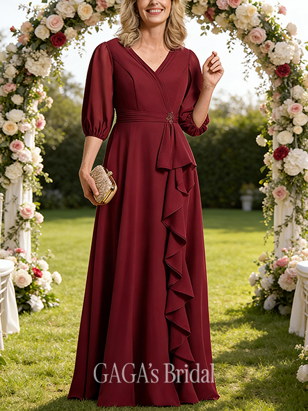 Plus Size A-line Regal Luxury V-Neck Floor-Length Chiffon Mother of the Bride Dress With Cascading Ruffles Beading