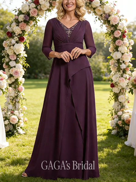 Plus Size A-line Exquisite Luxury V-Neck Floor-Length Chiffon Mother of the Bride Dress With Pleated Beading