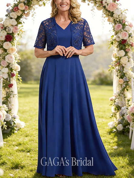 Fall A-line Sophisticated V-Neck Floor-Length Lace Chiffon Mother of the Bride Dress With Sequins