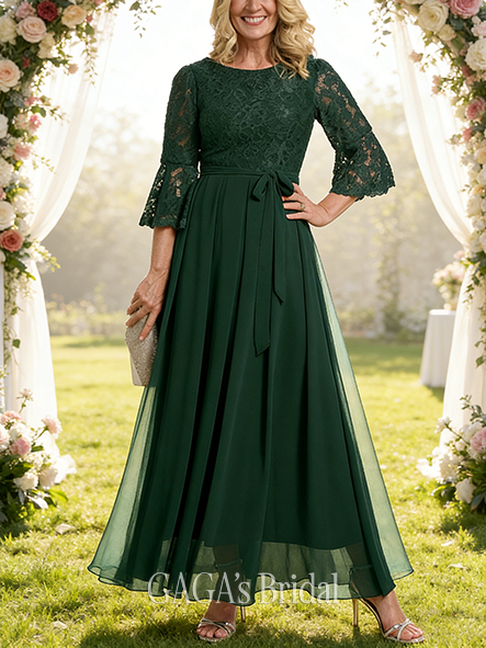 A-line Exquisite Scoop Ankle-Length Lace Chiffon Mother of the Bride Dress With Bow