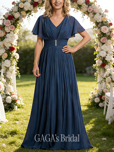 Plus Size A-line Sophisticated Luxury V-Neck Floor-Length Chiffon Mother of the Bride Dress With Cape Pleated Crystal Brooch