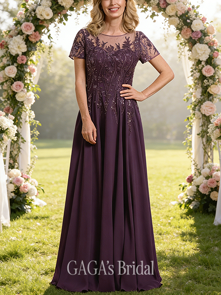 A-line Exquisite Scoop Illusion Floor-Length Lace Chiffon Mother of the Bride Dress With Sequins