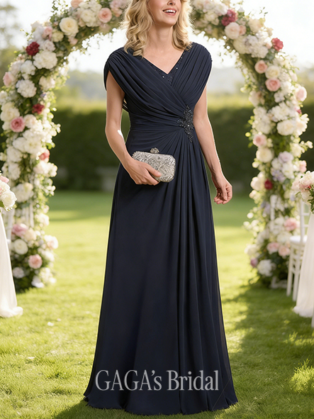 Grandmother A-line Sophisticated V-Neck Floor-Length Chiffon Mother of the Bride Dress With Pleated Sequins Beading