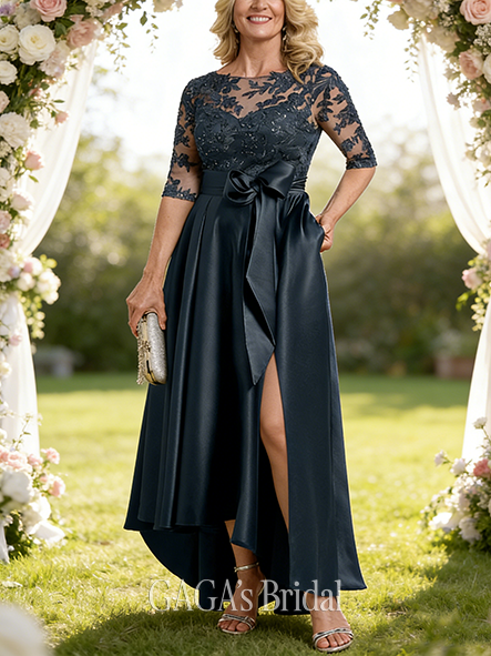 A-line Exquisite Scoop Illusion Asymmetrical Satin Lace Mother of the Bride Dress With Bow Sequins