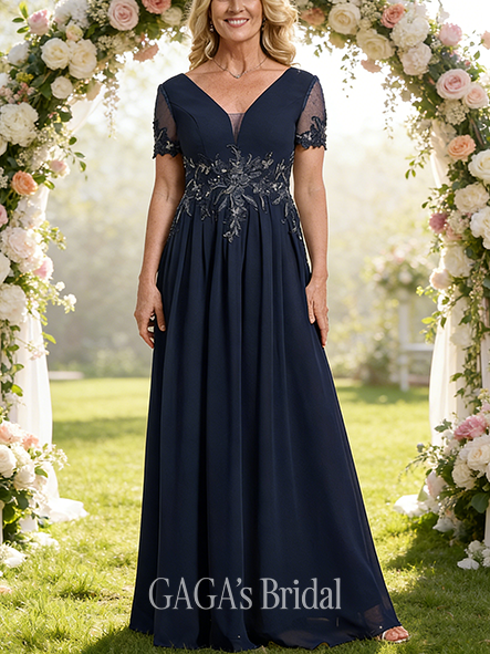 Wedding Guest A-line Refined V-Neck Floor-Length Chiffon Mother of the Bride Dress With Appliques Lace