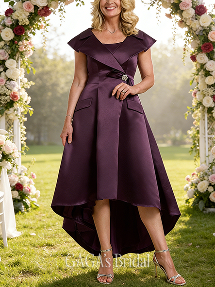 A-line Exquisite Square Asymmetrical Satin Mother of the Bride Dress With Crystal Brooch