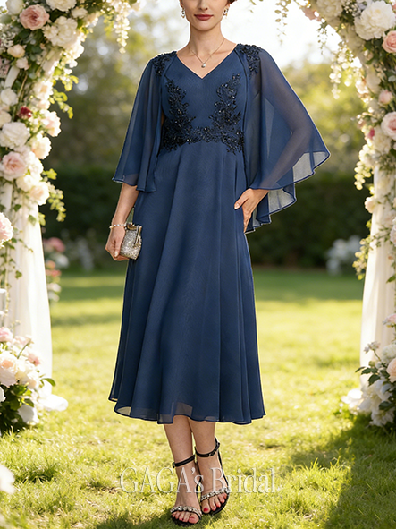Fall A-line Sophisticated V-Neck Tea-Length Chiffon Lace Mother of the Bride Dress With Beading Cape Sequins