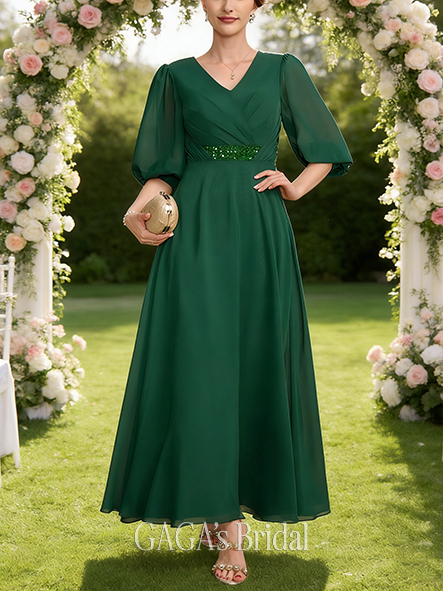 Plus Size A-line Majestic Luxury V-Neck Ankle-Length Chiffon Mother of the Bride Dress With Pleated Sequins Beading