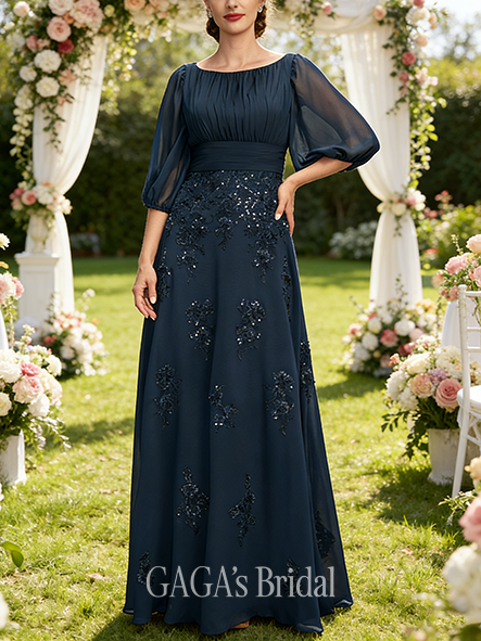Plus Size A-line Delicate Boat Neck Floor-Length Lace Chiffon Mother of the Bride Dress With Pleated Sequins