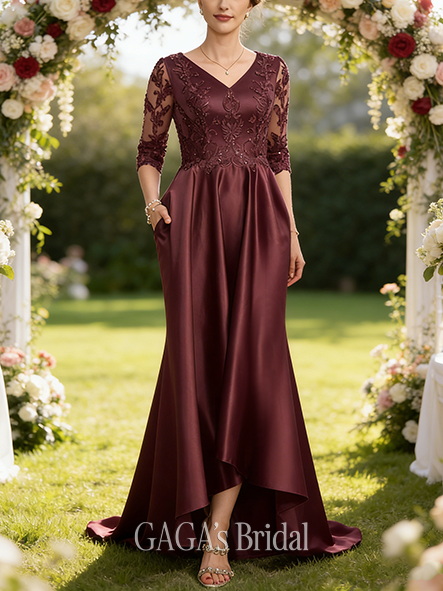 A-line Exquisite V-Neck Asymmetrical Satin Lace Mother of the Bride Dress With Sequins