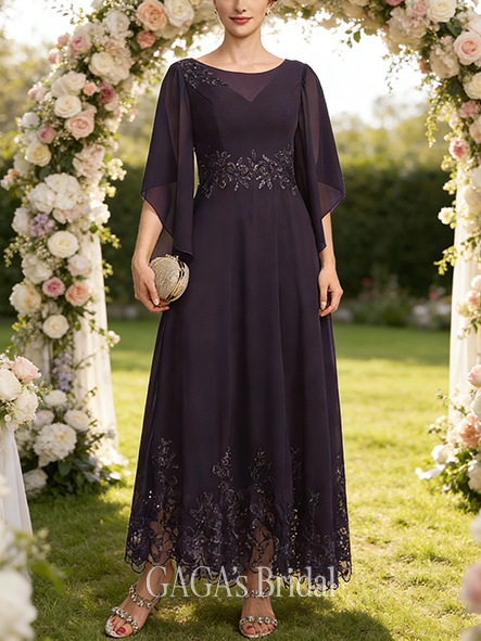 Wedding Guest A-line Refined Scoop Illusion Ankle-Length Lace Chiffon Mother of the Bride Dress With Sequins