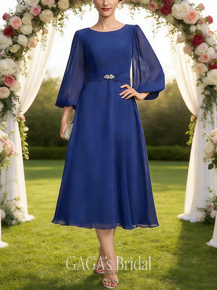 A-line Exquisite Scoop Tea-Length Chiffon Mother of the Bride Dress With Crystal Brooch Pleated