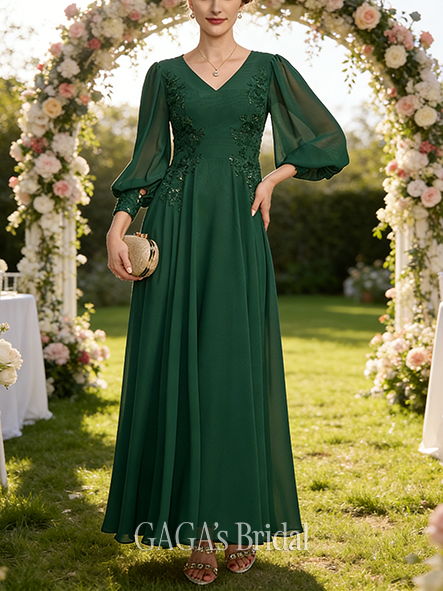Fall A-line Sophisticated V-Neck Ankle-Length Lace Chiffon Mother of the Bride Dress With Sequins