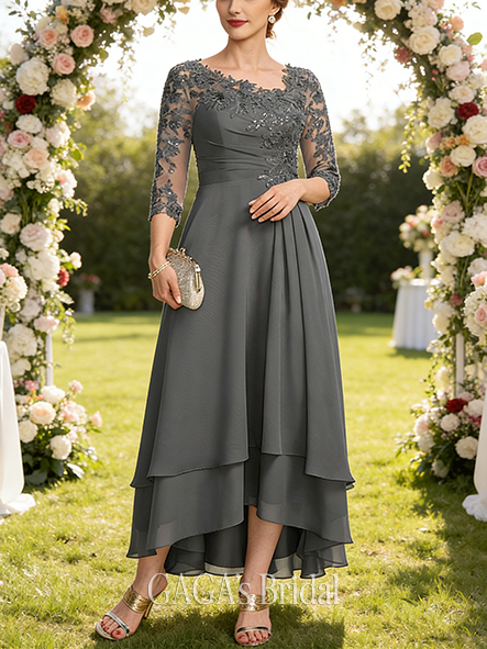 Plus Size A-line Timeless Luxury Asymmetrical Asymmetrical Lace Chiffon Mother of the Bride Dress With Pleated Sequins
