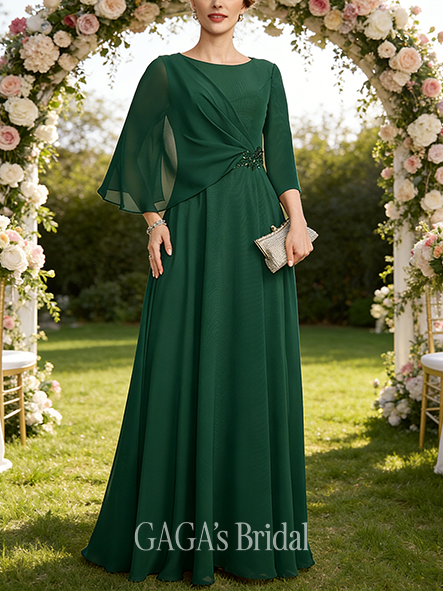 A-line Exquisite Scoop Floor-Length Chiffon Mother of the Bride Dress With Pleated Beading