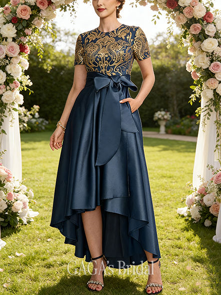 Wedding Guest A-line Refined Scoop Asymmetrical Satin Sequin Lace Mother of the Bride Dress With Bow