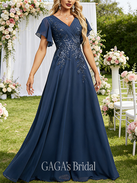 A-line Exquisite V-Neck Floor-Length Lace Chiffon Mother of the Bride Dress With Pleated Sequins