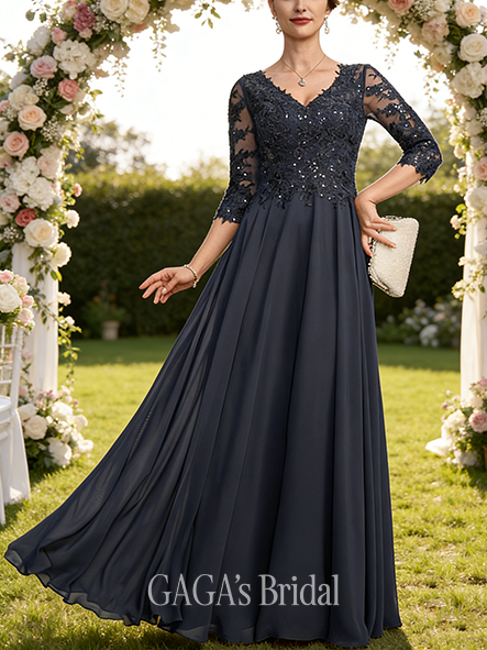 A-line Exquisite V-Neck Floor-Length Lace Chiffon Mother of the Bride Dress With Sequins