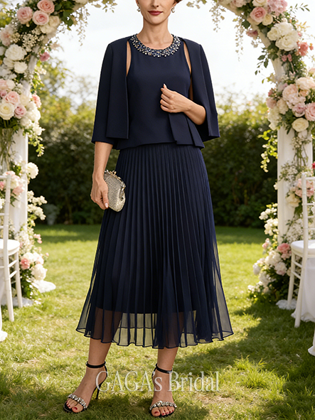 Black Tie Event A-line Sophisticated Luxury Separates Scoop Tea-Length Chiffon Mother of the Bride Dress With Sequins Beading