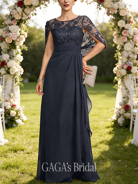 Grandmother A-line Sophisticated Illusion Scoop Floor-Length Lace Chiffon Mother of the Bride Dress With Sequins Cape Cascading Ruffles