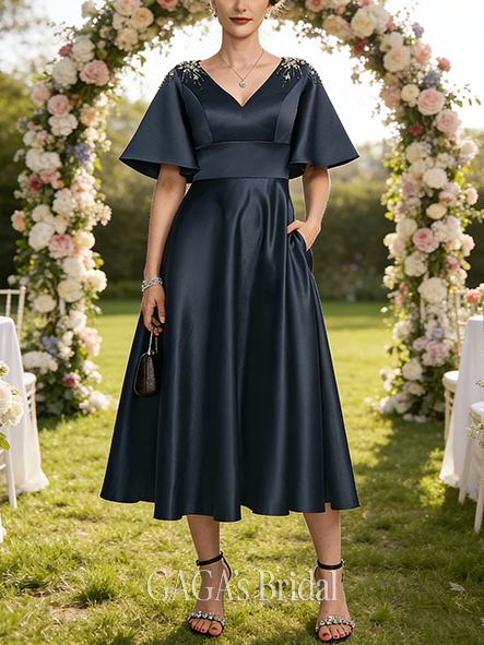 Fall A-line Sophisticated V-Neck Tea-Length Satin Mother of the Bride Dress With Beading