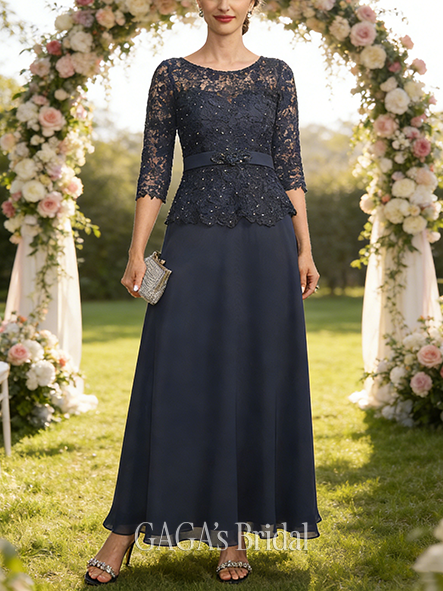 Wedding Guest A-line Refined Scoop Illusion Ankle-Length Chiffon Lace Mother of the Bride Dress With Rhinestone Beading