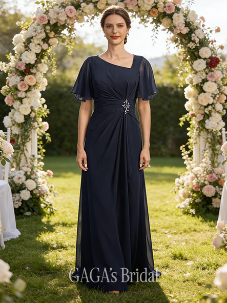 Grandmother A-line Sophisticated Asymmetrical Floor-Length Chiffon Mother of the Bride Dress With Pleated Sequins Beading