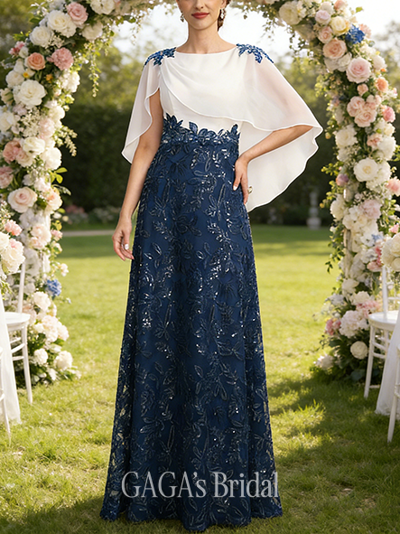 Wedding Guest A-line Refined Scoop Floor-Length Lace Sequin Chiffon Mother of the Bride Dress With Cape Pleated