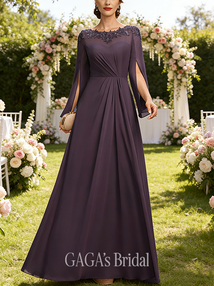 A-line Exquisite Scoop Floor-Length Chiffon Mother of the Bride Dress With Pleated Sequins Appliques Lace