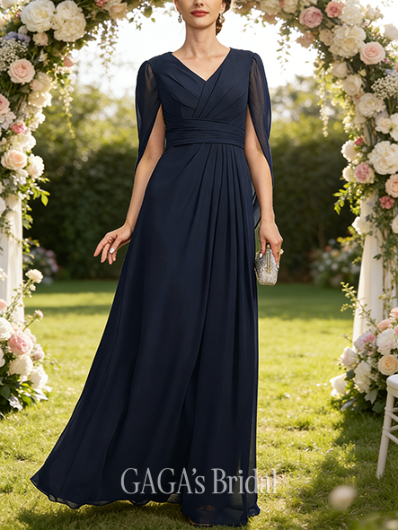 Plus Size A-line Polished Luxury V-Neck Floor-Length Chiffon Mother of the Bride Dress With Cape Pleated